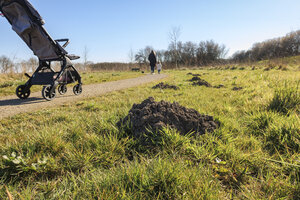 Family stroll on a sunny day with stroller and visible earth mou
