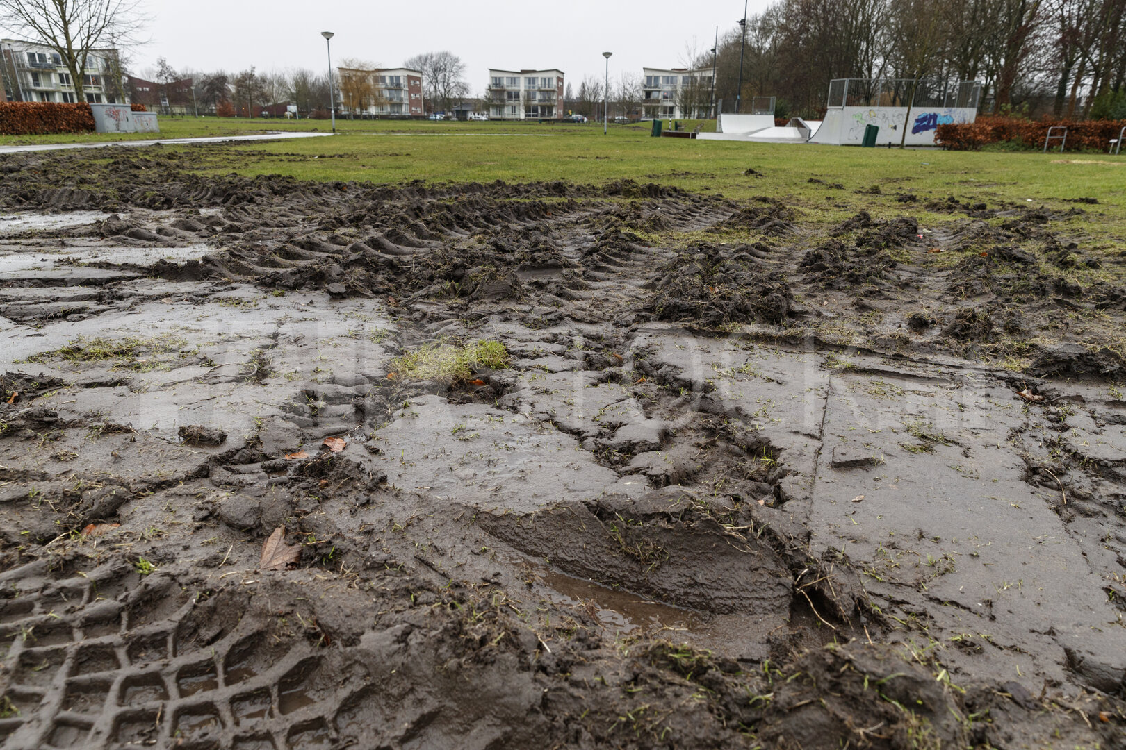 Modderig, spoorvormig grasveld in park