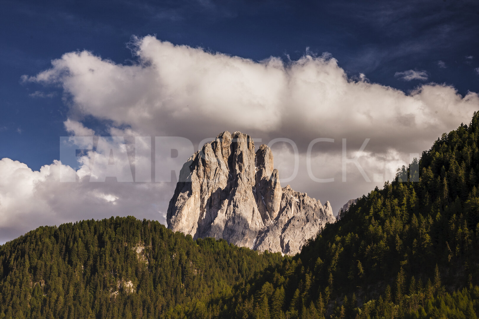 Majestueuze bergtop torent boven weelderig bos uit in de Italiaanse Dolomieten