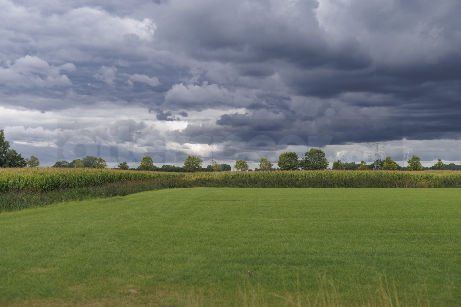 Donkere stormwolken boven landelijk groen