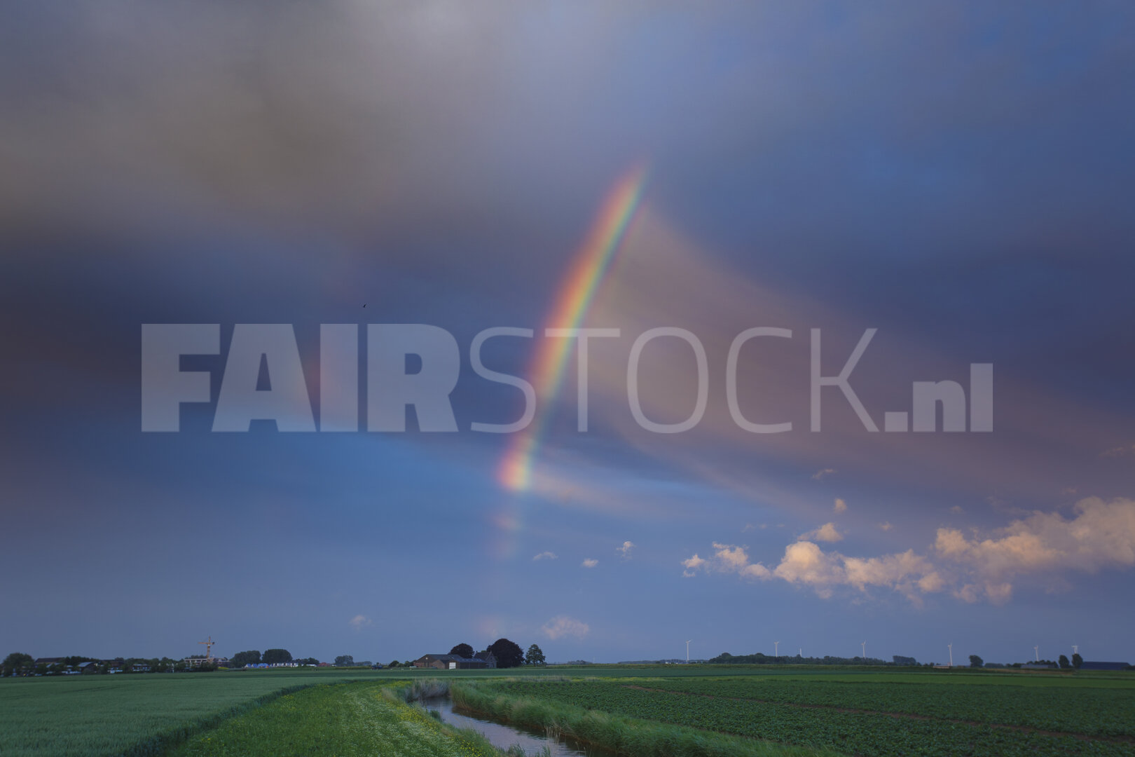 Regenboog glans over groene velden in late namiddag